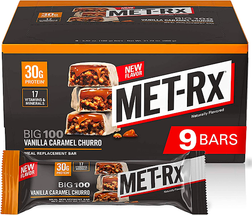 MET-Rx Big 100 Colossal Protein Bars, Vanilla Caramel Churro Meal Replacement Bars, Brown, 9 Count